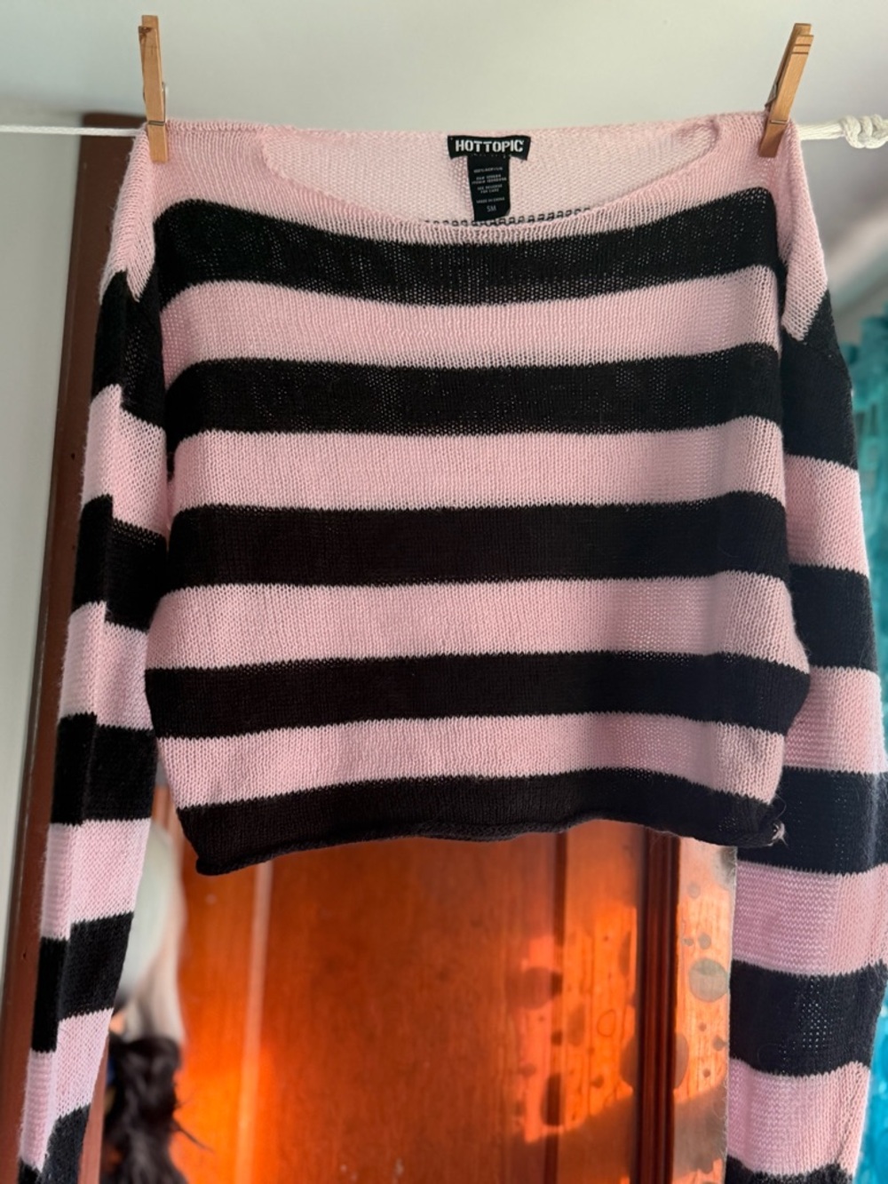 Hot Topic Pink & Black Cropped Striped Scoop Neck Sweater